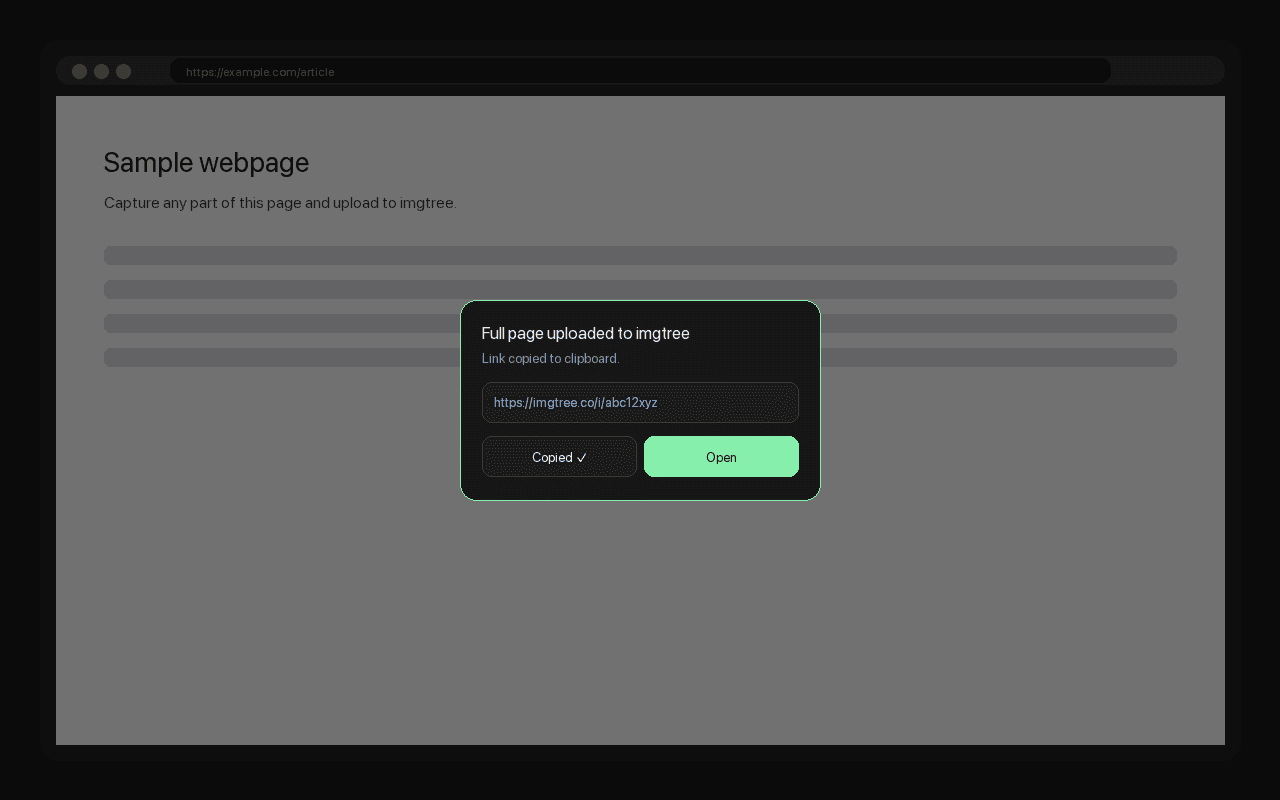 Upload success with imgtree link copied to clipboard